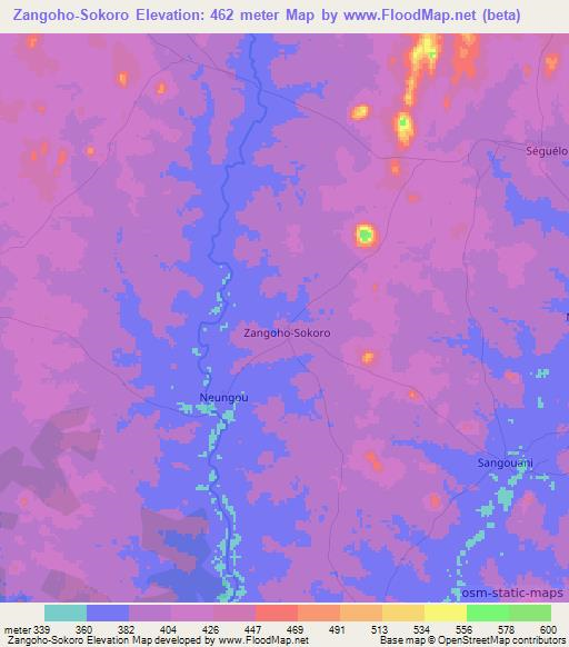 Zangoho-Sokoro,Ivory Coast Elevation Map