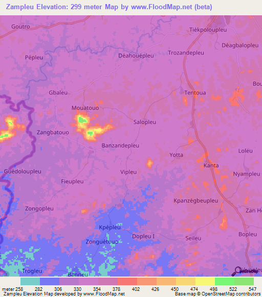 Zampleu,Ivory Coast Elevation Map
