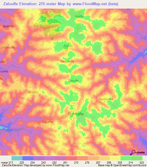 Zaloufle,Ivory Coast Elevation Map