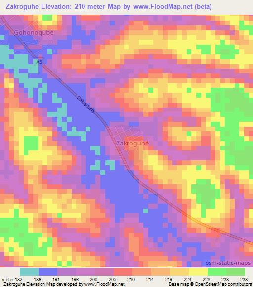 Zakroguhe,Ivory Coast Elevation Map