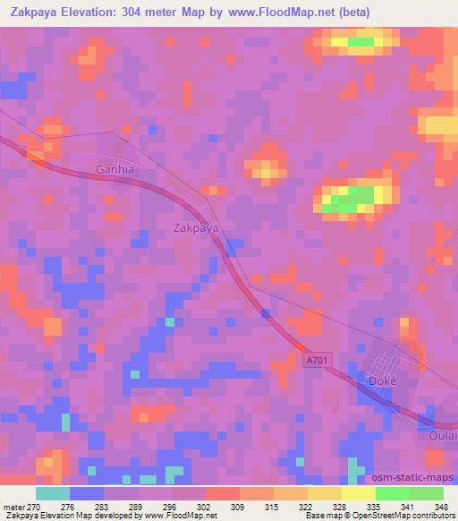 Zakpaya,Ivory Coast Elevation Map