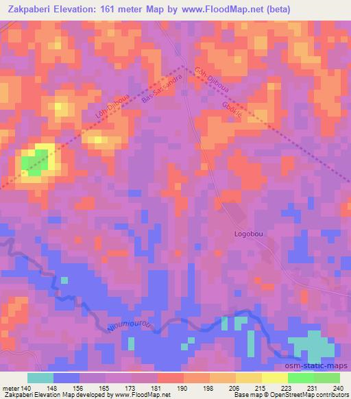 Zakpaberi,Ivory Coast Elevation Map