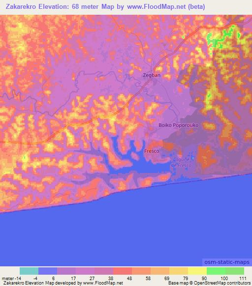 Zakarekro,Ivory Coast Elevation Map