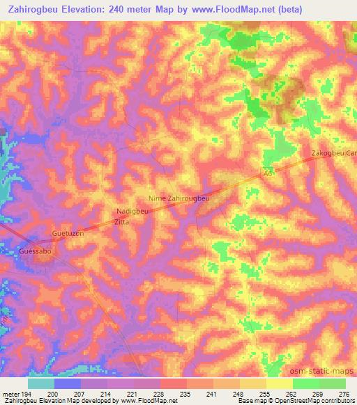 Zahirogbeu,Ivory Coast Elevation Map