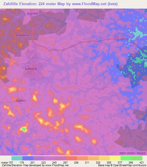 Zahililie,Ivory Coast Elevation Map
