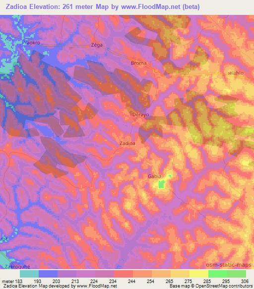 Zadioa,Ivory Coast Elevation Map