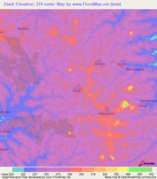 Zaadi,Ivory Coast Elevation Map