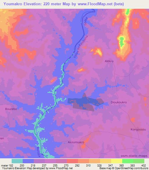 Youmakro,Ivory Coast Elevation Map