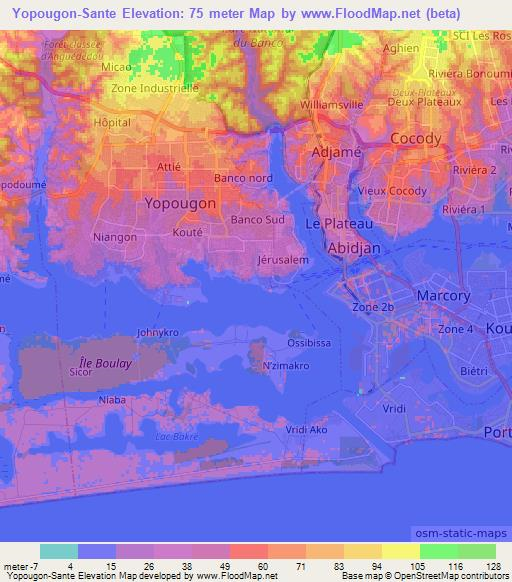 Yopougon-Sante,Ivory Coast Elevation Map