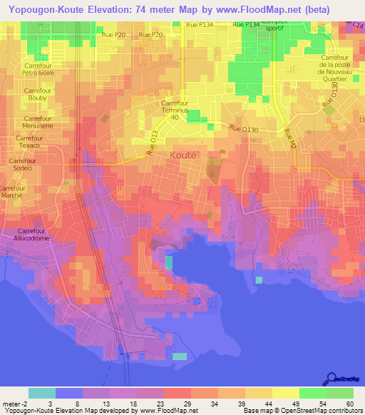 Yopougon-Koute,Ivory Coast Elevation Map