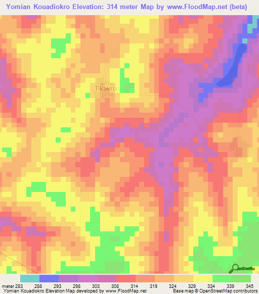 Yomian Kouadiokro,Ivory Coast Elevation Map