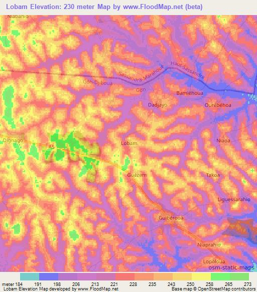 Lobam,Ivory Coast Elevation Map