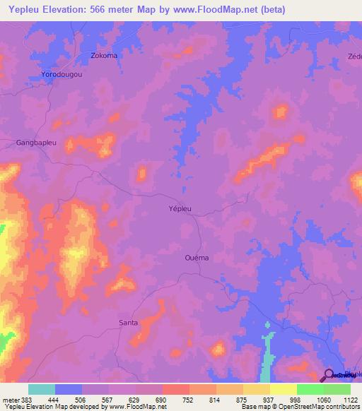 Yepleu,Ivory Coast Elevation Map