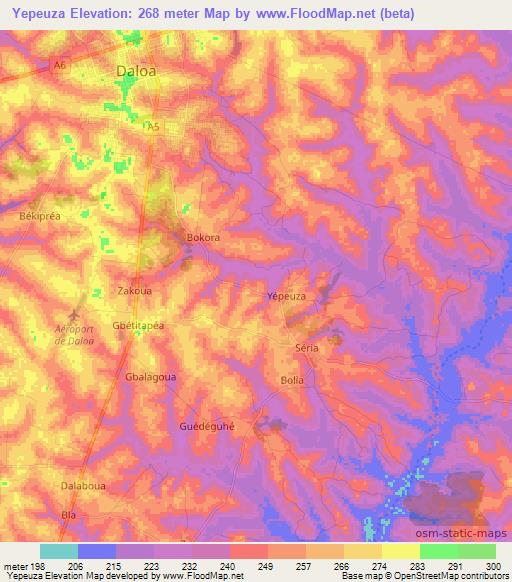 Yepeuza,Ivory Coast Elevation Map