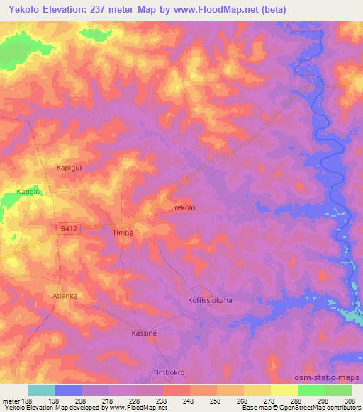Yekolo,Ivory Coast Elevation Map