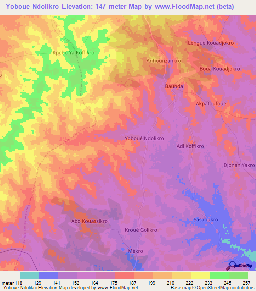 Yoboue Ndolikro,Ivory Coast Elevation Map