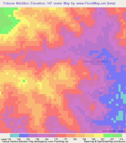 Yoboue Ndolikro,Ivory Coast Elevation Map