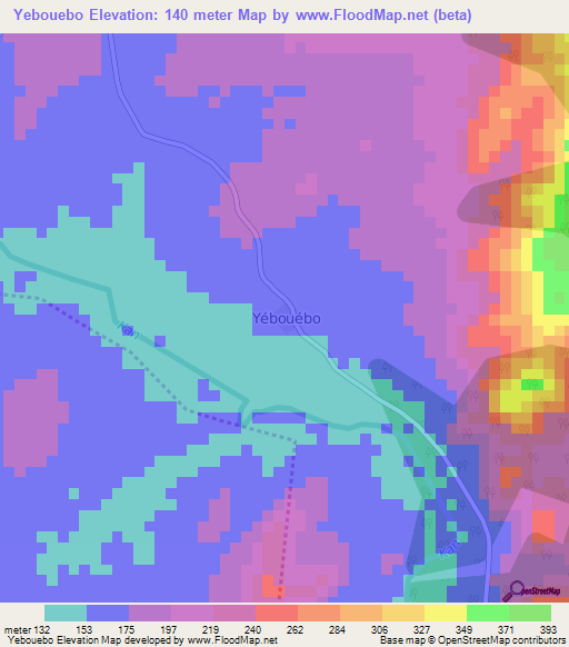 Yebouebo,Ivory Coast Elevation Map