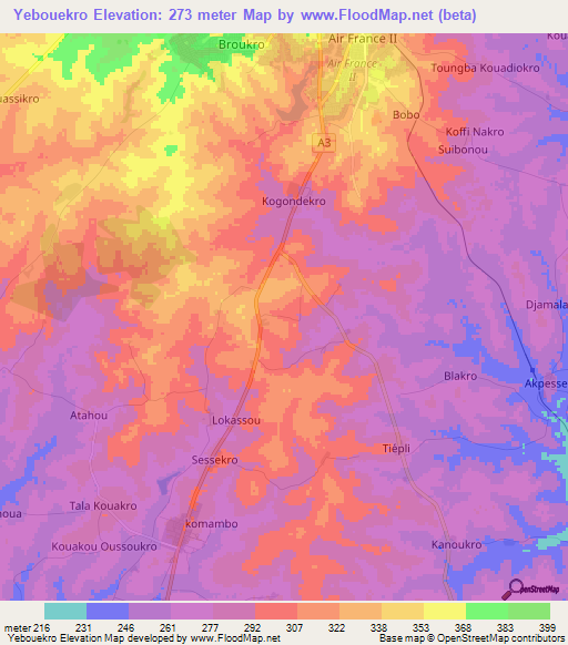 Yebouekro,Ivory Coast Elevation Map