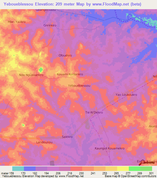 Yeboueblessou,Ivory Coast Elevation Map