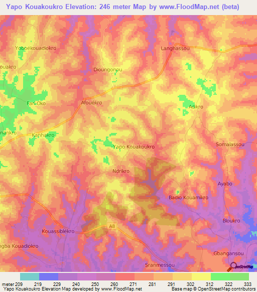 Yapo Kouakoukro,Ivory Coast Elevation Map
