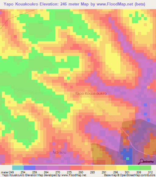 Yapo Kouakoukro,Ivory Coast Elevation Map