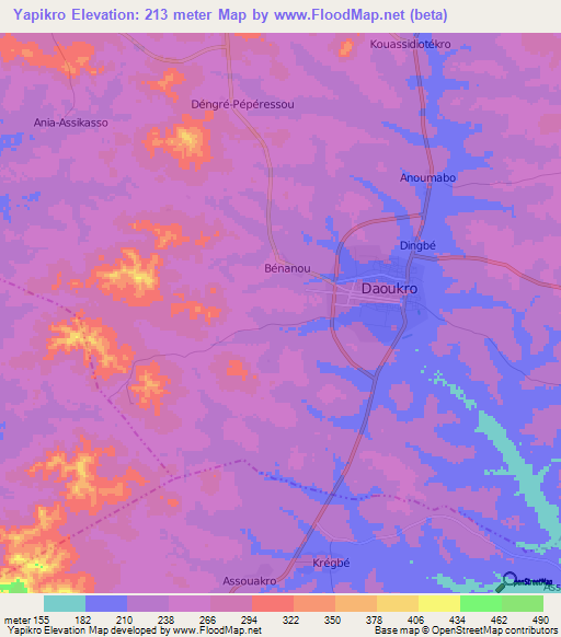 Yapikro,Ivory Coast Elevation Map
