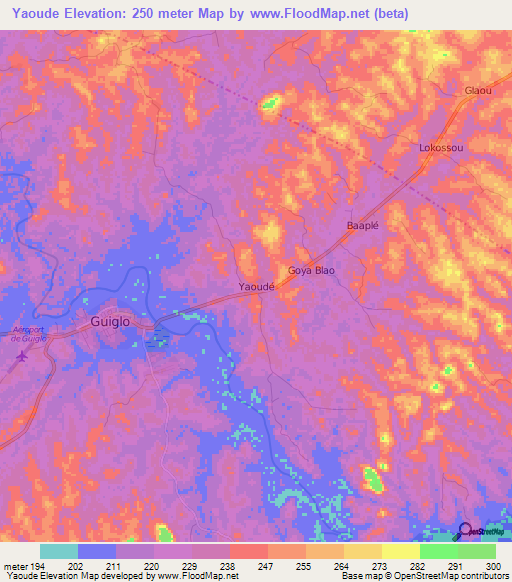 Yaoude,Ivory Coast Elevation Map