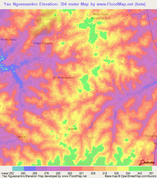 Yao Nguessankro,Ivory Coast Elevation Map