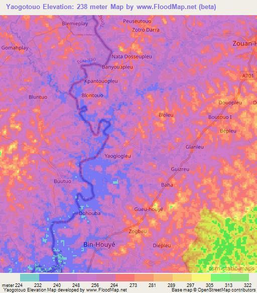 Yaogotouo,Ivory Coast Elevation Map