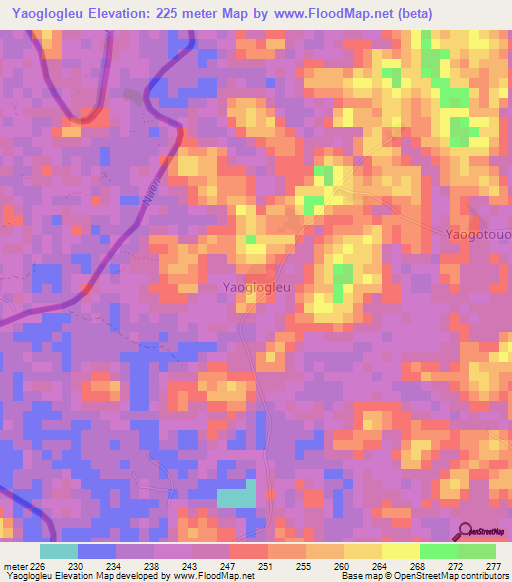 Yaoglogleu,Ivory Coast Elevation Map