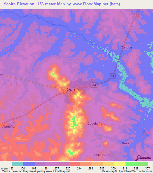 Yaofra,Ivory Coast Elevation Map