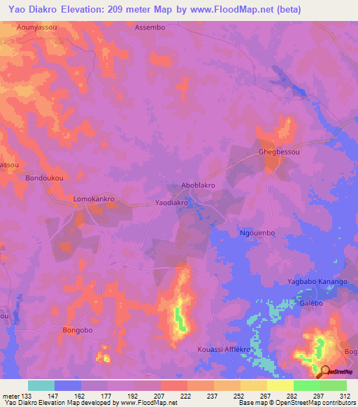 Yao Diakro,Ivory Coast Elevation Map