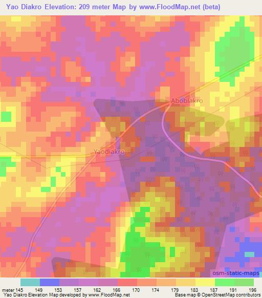 Yao Diakro,Ivory Coast Elevation Map