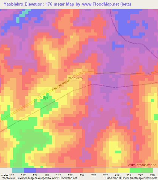 Yaoblekro,Ivory Coast Elevation Map