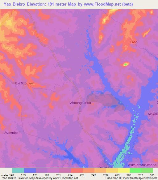Yao Blekro,Ivory Coast Elevation Map