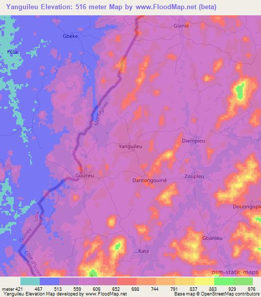 Yanguileu,Ivory Coast Elevation Map