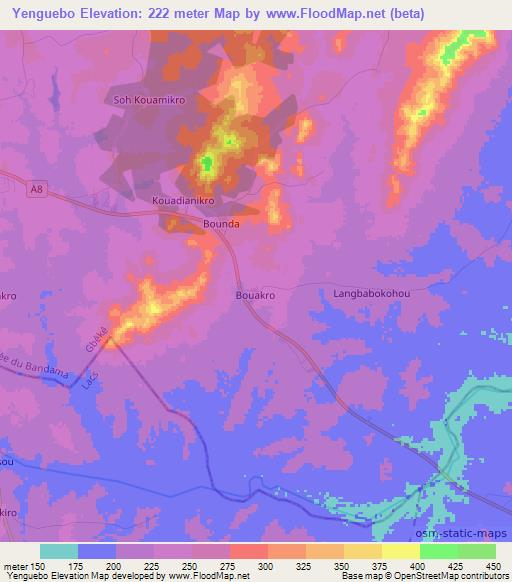 Yenguebo,Ivory Coast Elevation Map