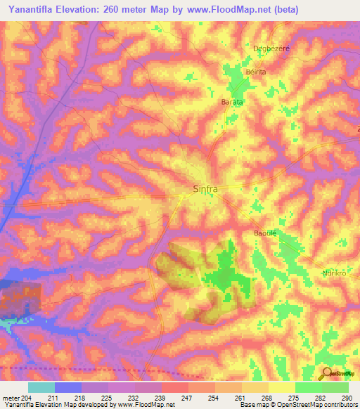 Yanantifla,Ivory Coast Elevation Map