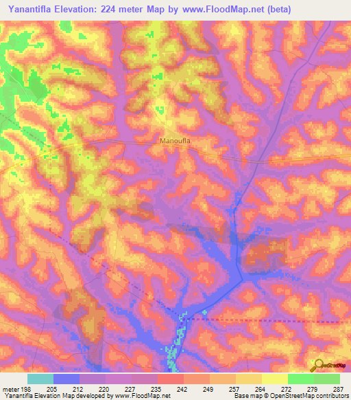 Yanantifla,Ivory Coast Elevation Map