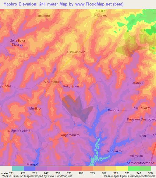 Yaokro,Ivory Coast Elevation Map