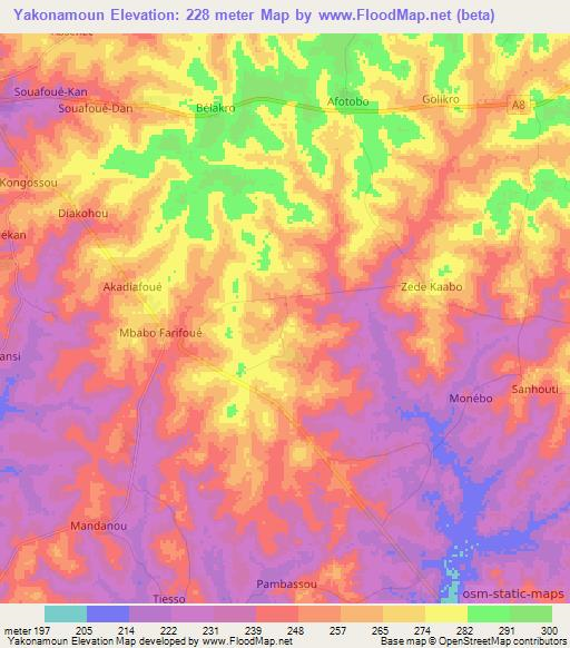 Yakonamoun,Ivory Coast Elevation Map