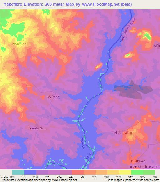 Yakofikro,Ivory Coast Elevation Map