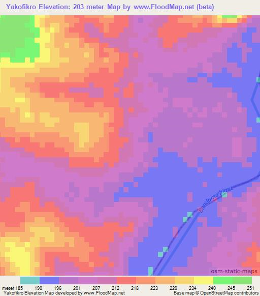 Yakofikro,Ivory Coast Elevation Map