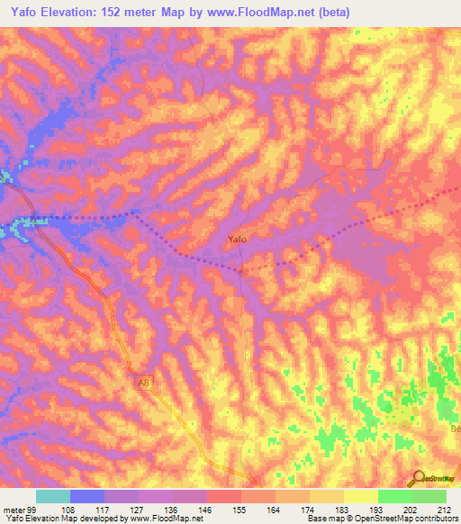 Yafo,Ivory Coast Elevation Map