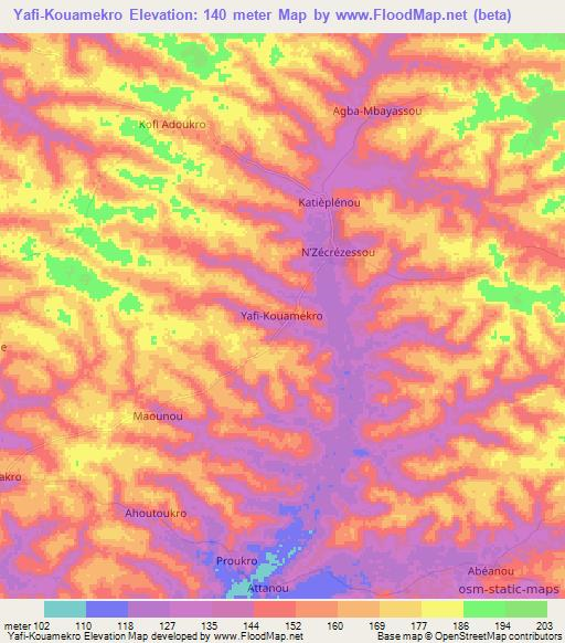 Yafi-Kouamekro,Ivory Coast Elevation Map