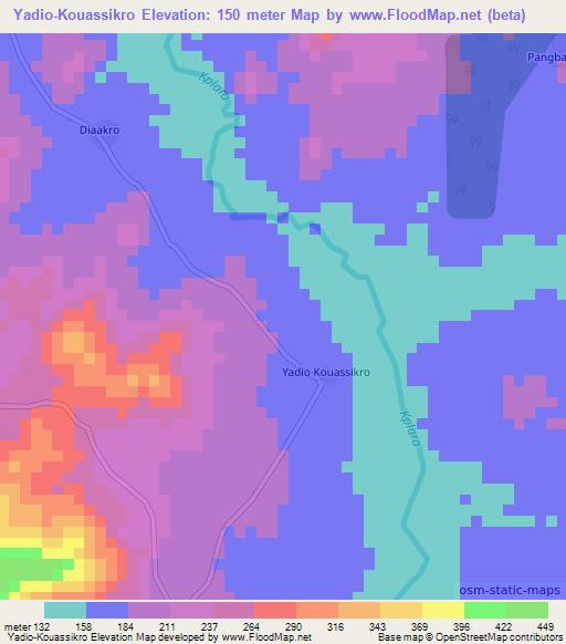 Yadio-Kouassikro,Ivory Coast Elevation Map