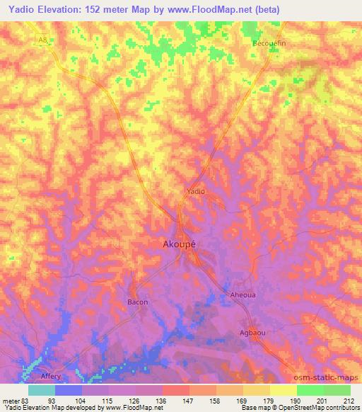 Yadio,Ivory Coast Elevation Map