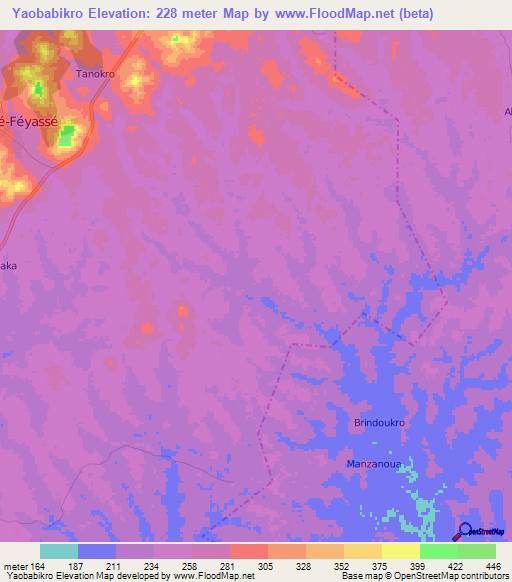 Yaobabikro,Ivory Coast Elevation Map
