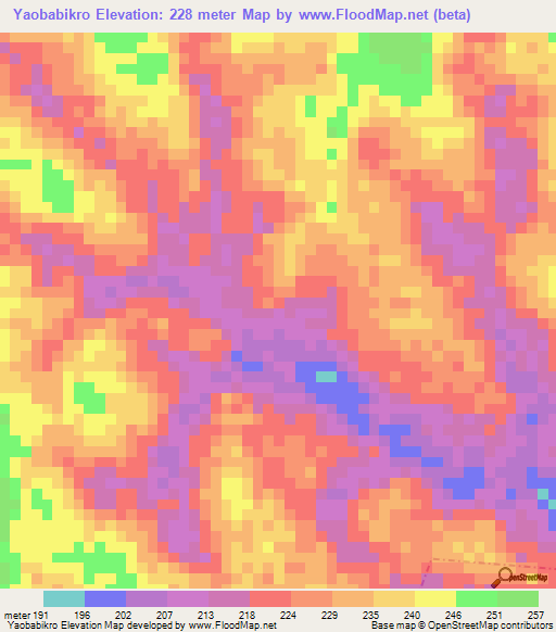 Yaobabikro,Ivory Coast Elevation Map